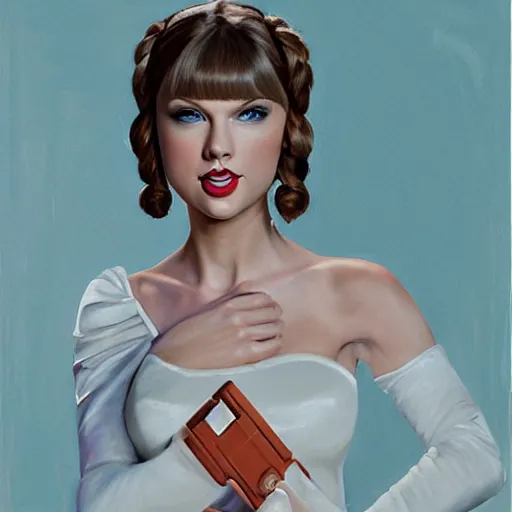 Prompt: Taylor Swift as Princess Leia, portrait painted by Normand Rockwell