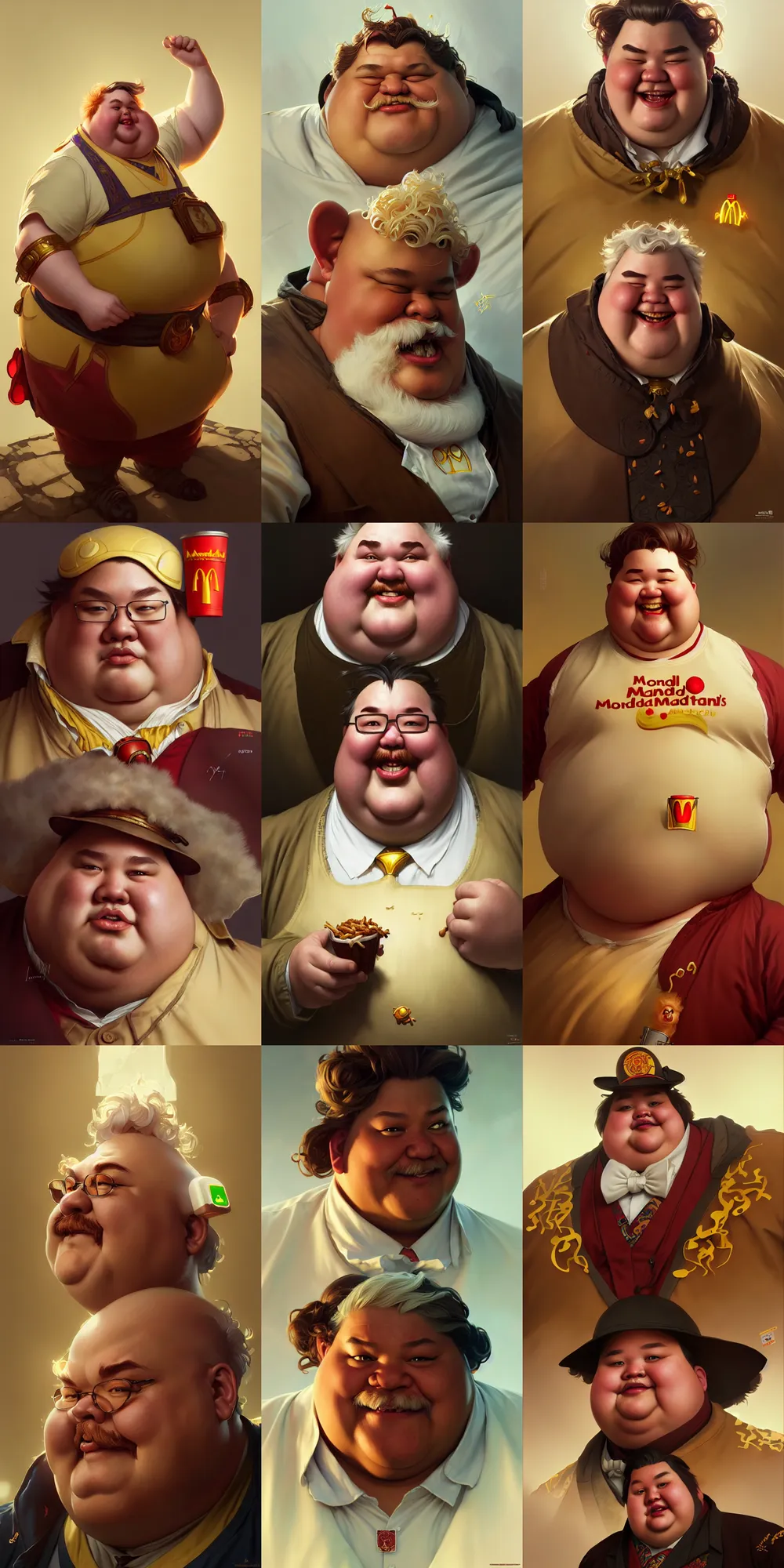 Prompt: Portrait of very fat Ronald Macdonalds, intricate, highly detailed, digital painting, artstation, concept art, photography, 4k, art by Yintion J and Jiang Geping and artgerm and greg rutkowski and alphonse mucha