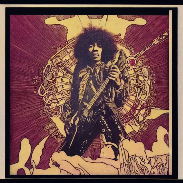 Prompt: polaroid of a vintage record cover by Franklin Booth showing a portrait of Jimi Hendrix as a futuristic space shaman, Alphonse Mucha background, psyadelic art, star map, smoke, sciFi