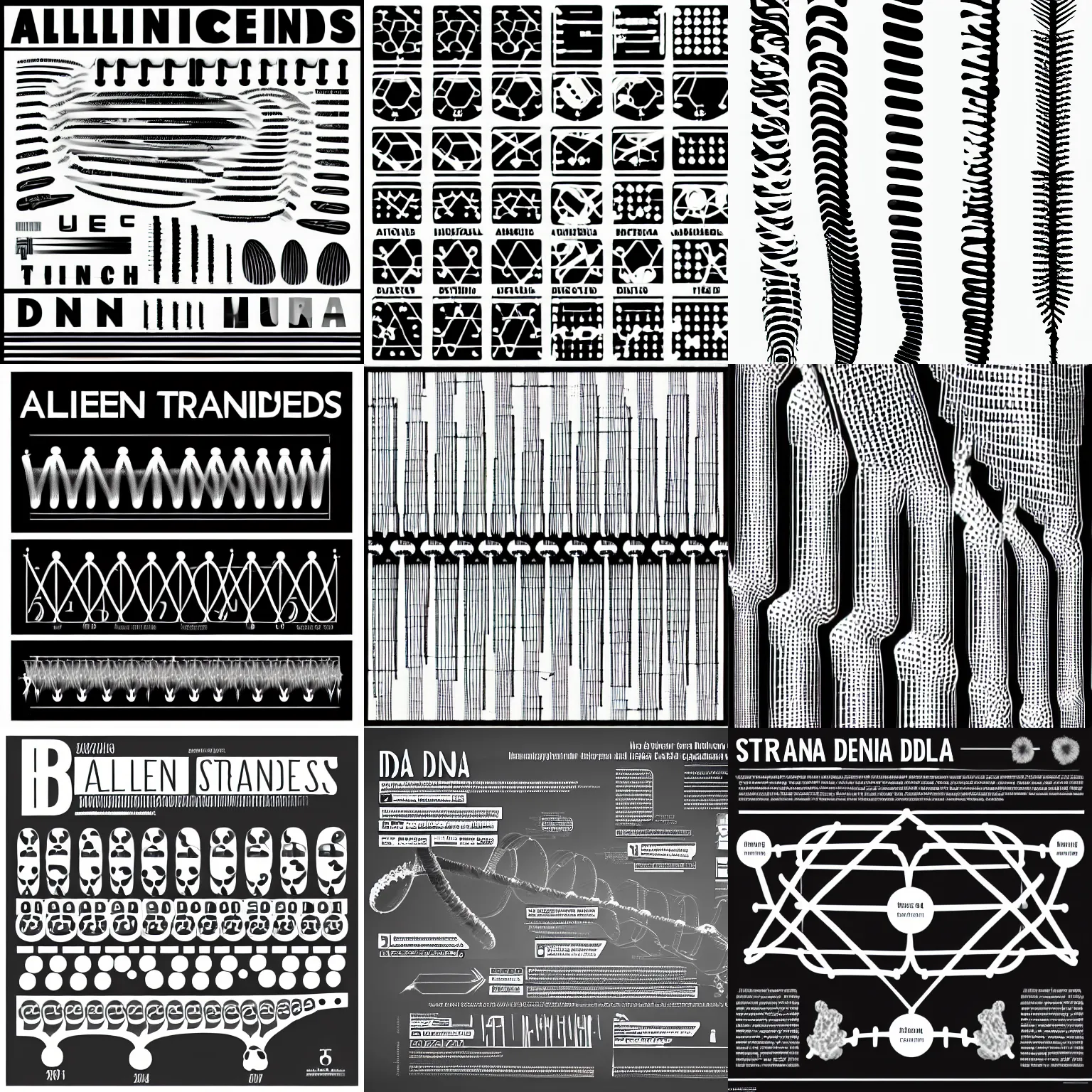 Prompt: infographic of alien dna strands, b & w, vector image