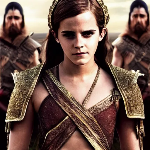 Prompt: emma watson as king leonid from the 3 0 0 spartans, movie poster. symmetry, awesome exposition, very detailed, highly accurate, professional lighting diffracted lightrays, 8 k, sense of awe