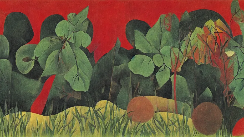 Prompt: abstract primitivism minimalism art painting, lines, forms, shapes, in style of henri rousseau,