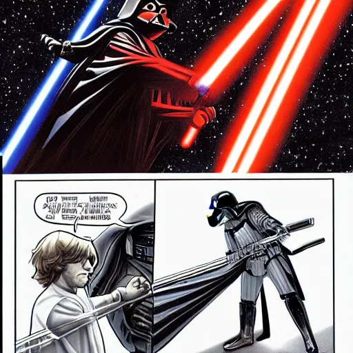 Prompt: Darth Vader and Luke Skywalker in an epic light saber battle, comic book style, graphic art,