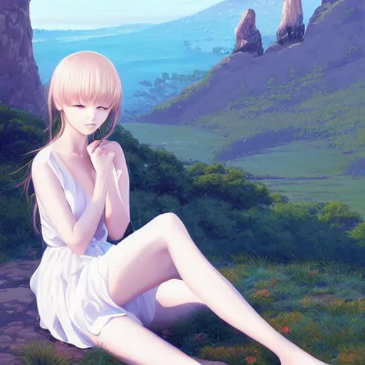 Image similar to infinitely detailed full - body portrait pale female peaceful dream angel wearing elegant clothes. beautiful! scenery art! by wlop & murata range, by ilya kuvshinov. artstation!! / pixiv!!