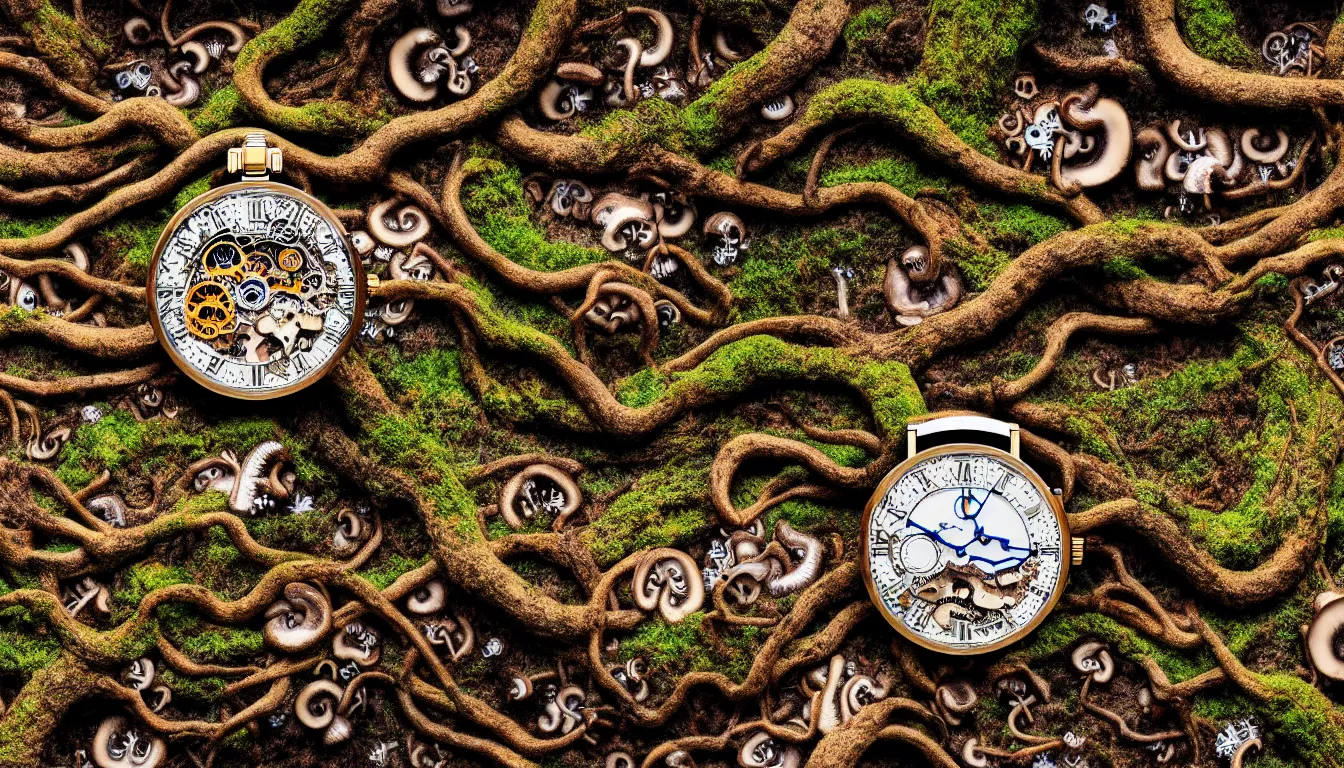 Prompt: detailed view from inside a clockwork watch japanese landscape, entangled roots covered in mushrooms, cracked earth, living spore microorganisms, decaying, rusty, hyper realistic photo, full colour, upscale, 8 k