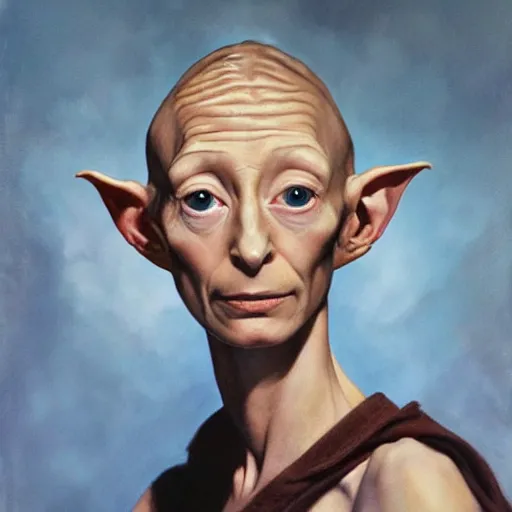 Image similar to ultra realistic portrait painting of tilda swinton as dobby, art by frank frazetta, 4 k, ultra realistic, highly detailed, epic lighting