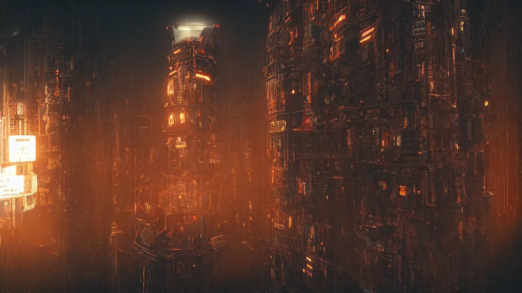 Prompt: an ancient cyberpunk tower, glowing in the evening, film still, epic shot cinematography