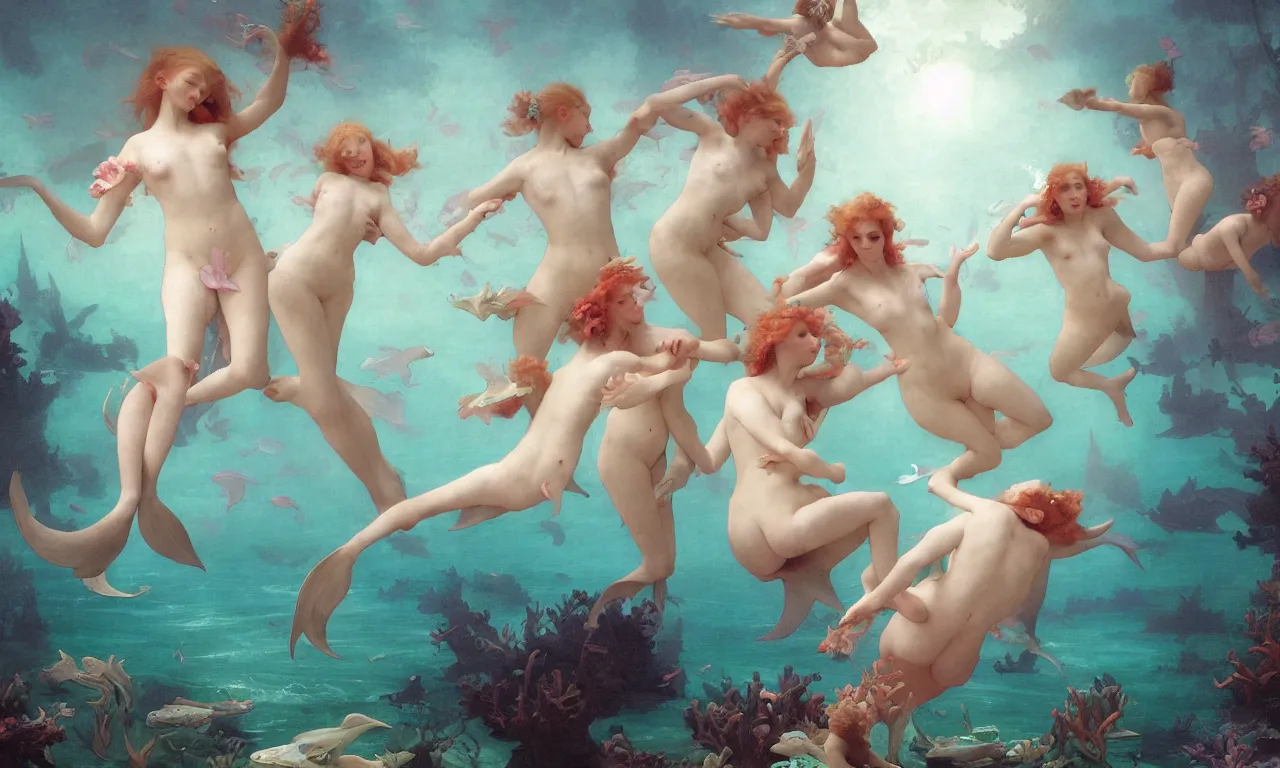 Prompt: a luminous springtime fairytale of beautiful realistic mermaids frolicking together among sea creatures in the romantic underwater baroque kingdom of Neptune. Neon light, masterpiece 4k digital illustration by Ruan Jia and Mandy Jurgens and William-Adolphe Bouguereau, award winning, Artstation, Gustave Dore' background, intricate details, realistic, panoramic view, volumetric lighting, sun rays beaming, Hyperdetailed, 8k resolution, golden hour, intricate art nouveau, smooth, sharp focus, rendered in Unreal Engine 3