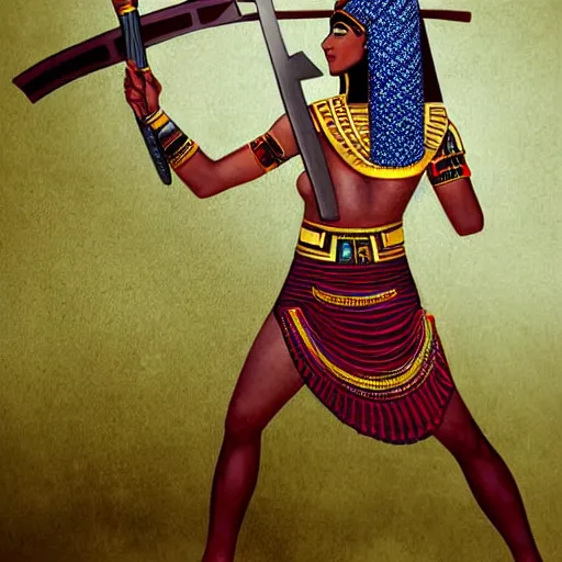 Prompt: full body photo of a female Egyptian warrior with weapons