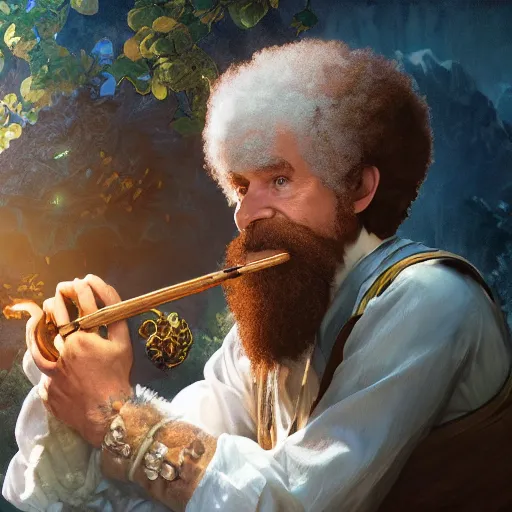 Prompt: an ultra detailed magic the gathering card of bob ross smoking a pipe and dressed as a fantasy bard, d & d, epic fantasy, concept art by alphonse mucha and greg rutkowski, octane render, 8 k, detailed face