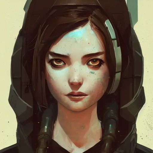 Prompt: Highly detailed portrait of a cyberpunk young lady with, freckles and wavy hair by Atey Ghailan, by Loish, by Bryan Lee O'Malley, by Cliff Chiang, by Greg Rutkowski, inspired by image comics, inspired by graphic novel cover art, inspired by nier!! Gradient brown color scheme ((grafitti tag brick wall background)), trending on artstation