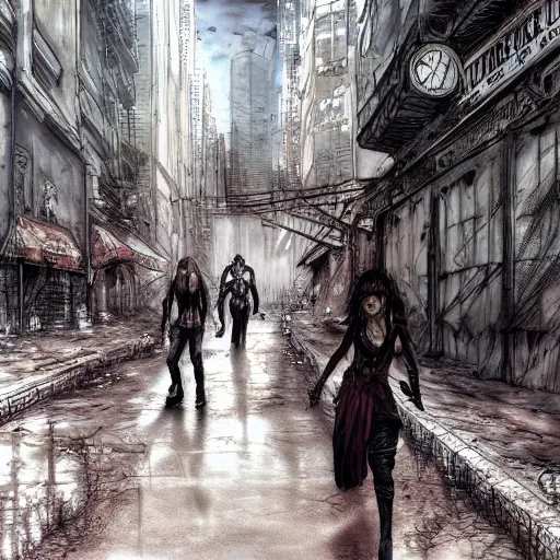 Prompt: street shooting in post apocalyptic city, by luis royo, retro fantasy, details, digital, artstation