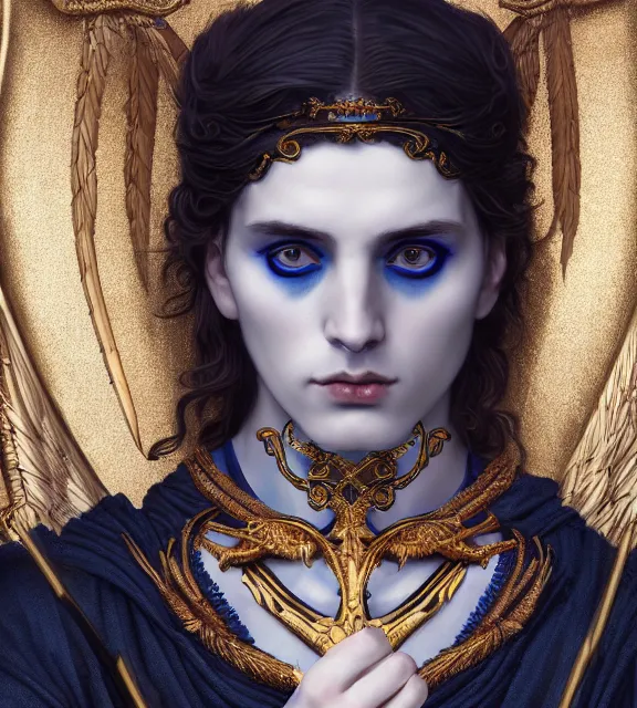 Prompt: portrait of a god of death, young male, in the underworld, elegant dark blue dress, very detailed, throne, very intricate details, jewelry, gold eyeshadow, elaborate long black hairstyle, wings, cinematic, artstation, william bouguereau, alphonse mucha, greg rutkowski, rossdraws, octane render