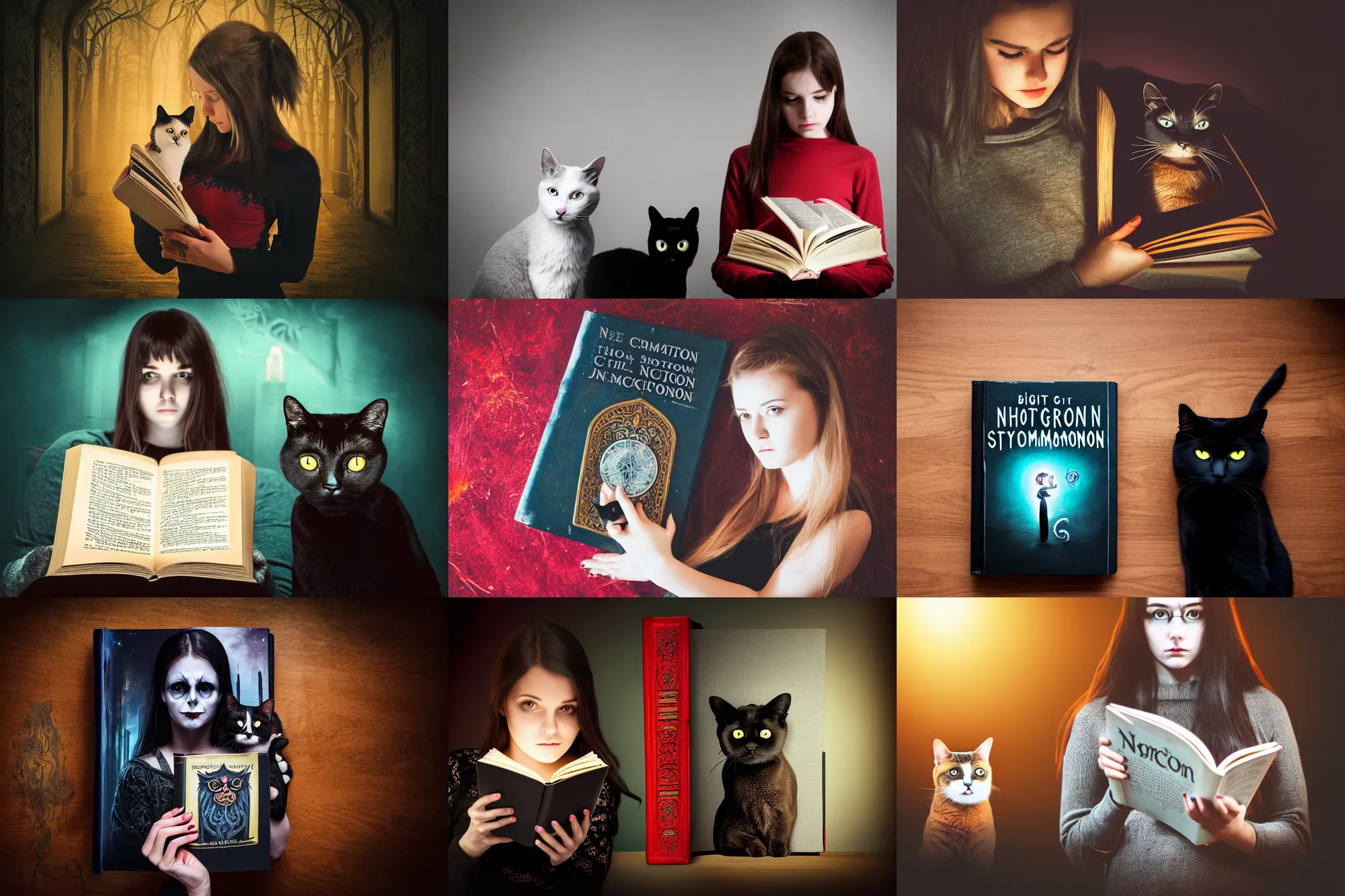 Prompt: photo of bright girl, her cat and her book of necronomicon, symmetrical, cinematic, real dlsr photography, sharp focus, 4 k, ultra hd, sense of awe, sinister demonic atmosphere, dreadful, forbidden knowledge, horrors journal cover