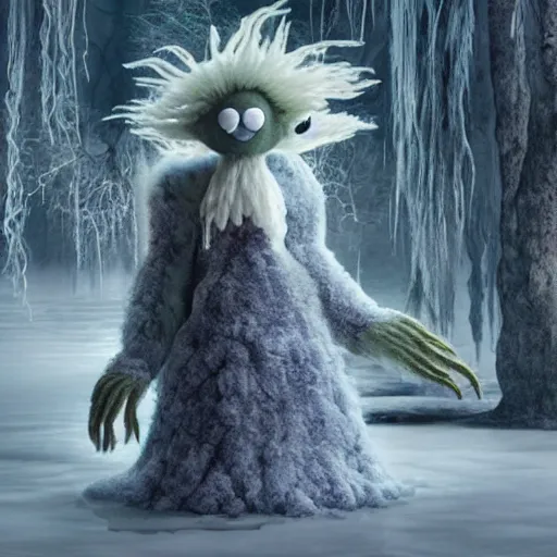 Prompt: a fluffy humanoid ethereal ghost like live action muppet wraith like figure with a squid like parasite taking over its head and four long tentacles for arms that flow gracefully at its sides like a cloak while it floats around a frozen rocky lake in the middle of the frozen woods searching for lost souls and that hides amongst the shadows in the trees, this character can control the ice and snow and has mastery of the shadows, it is known as the bringer of nightmares and the ruler of endless night terrors, it is a real muppet by sesame street, photo realistic, real, realistic, felt, stopmotion, photography, sesame street