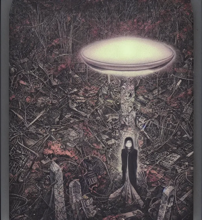 Image similar to a polaroid of a UFO over a abandoned cemetery from 90s by Laurie Lipton, grainy film kodak, by Ayami Kojima, Mark Brooks, rich deep colors. Beksinski painting, part by Adrian Ghenie and Gerhard Richter. art by Takato Yamamoto. masterpiece