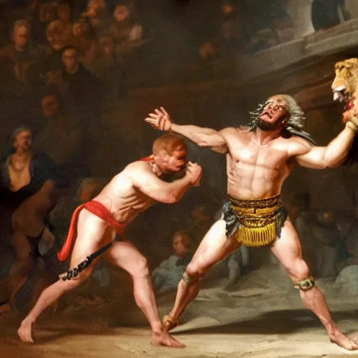 Image similar to joe biden as a gladiator fighting a lion in the coliseum, award winning action photography