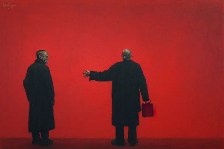 Image similar to only with red, a red old man try to sell a portrait, in a square, cheering crowd, in the style of beksinski, parts by edward hopper, parts by rodcenko, parts by yue minjun, intricate and epic composition, red by caravaggio, insanely quality, highly detailed, masterpiece, red light, artstation, 4 k