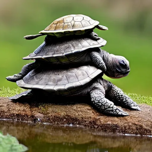 Image similar to a stack of turtles with!!!!!!!!! earth!!!!!!!! on top