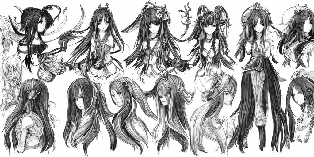 Image similar to anime woman, long hair, fantasy theme, front side/back/view character sheet, three views, lineart, varying thickness, manga pen, traditional art, Indian ink, in the style of Final Fantasy IX, 3D modeling concept sheet, white background, orthographic view