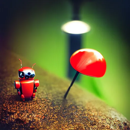 Image similar to a cute tiny robot is holding a big flower up above its head, a ladybug is beside the robot, award winning macro photography, kodak ektar, dramatic lighting