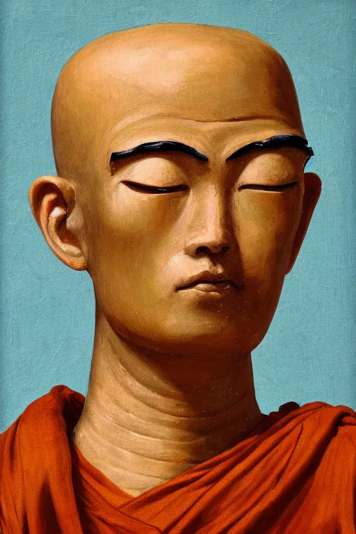 Prompt: realistic baroque oil portrait of a robot as a buddhist monk