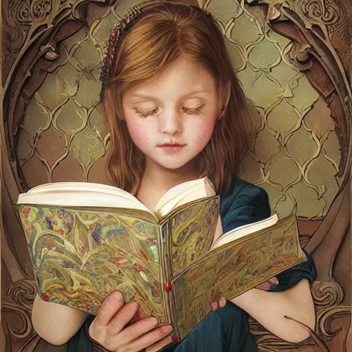 Prompt: realistic detailed face portraits and fully body poses of children reading books by emilia dziubak, will terry, greg olsen, chris mars, ann long, and mark brooks, fairytale, art nouveau, victorian, neo - gothic, character concept design, smooth, extremely sharp detail, finely tuned detail, story book design, storybook layout