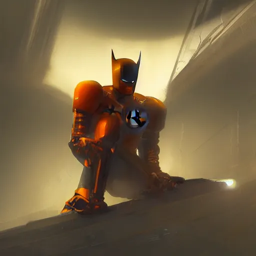 Image similar to concept render of an orange robot batman by cedric peyravernay and leon tukker