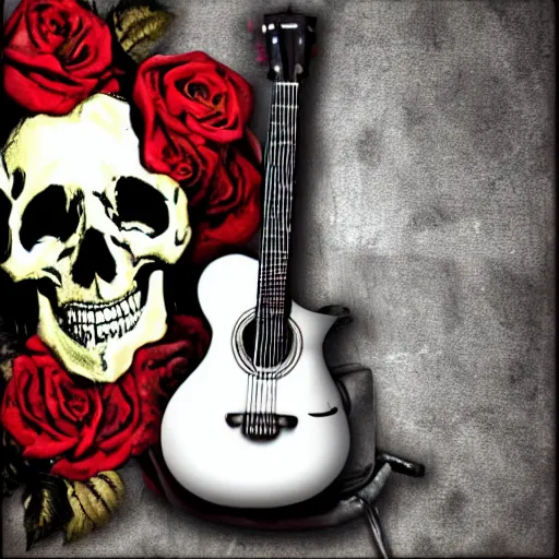 Prompt: skull and guitar and roses,