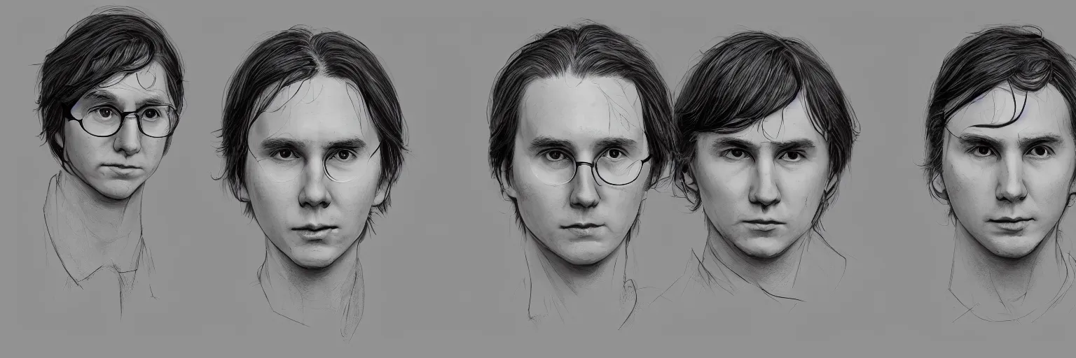 Prompt: character study of paul dano and todd solondz, 2 0 2 2, clear faces, emotional, character sheet, fine details, concept design, contrast, kim jung gi, pixar and da vinci, trending on artstation, 8 k, full body and head, turnaround, front view, back view, ultra wide angle