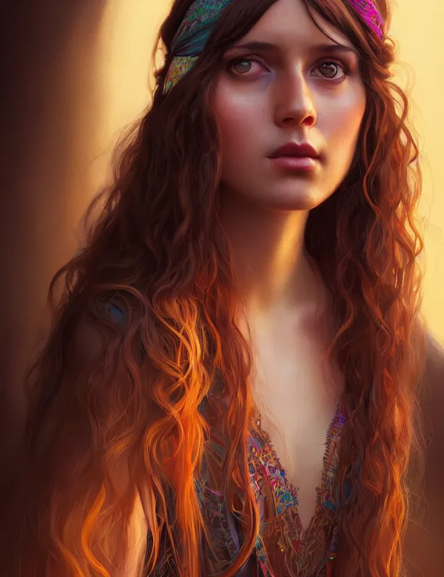 Image similar to portrait of a young woman wearing a boho dress, hippie girl, long hair, groovy hairband, bangs, intricate, smooth, groovy lighting, highly detailed, digital painting, artstation, concept art, smooth, sharp focus, illustration, art by wlop, mars ravelo and greg rutkowski