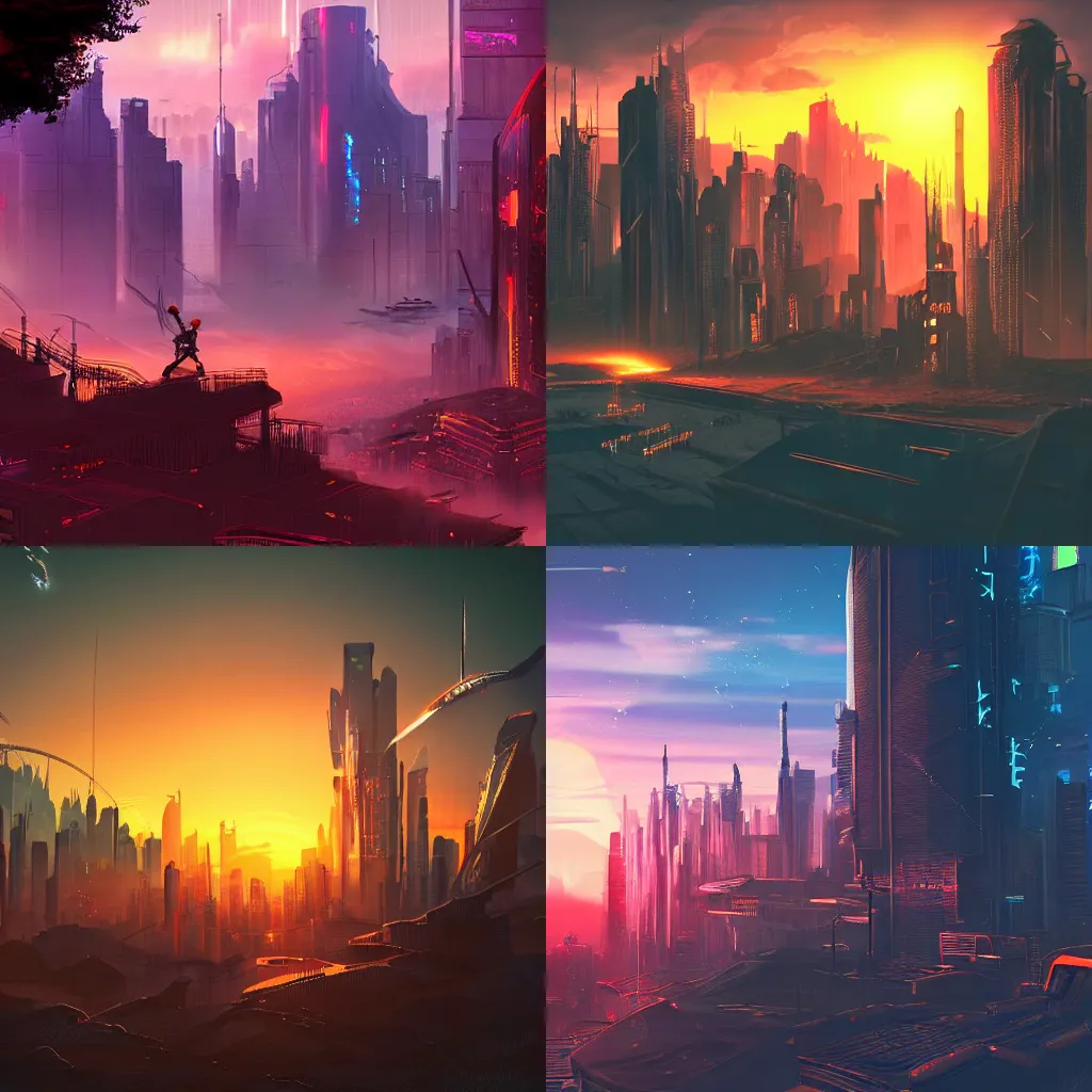 Prompt: cyberpunk fantasy world with beautiful sunset