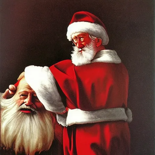 Image similar to Father Christmas looking grumpy. Painted by Caravaggio