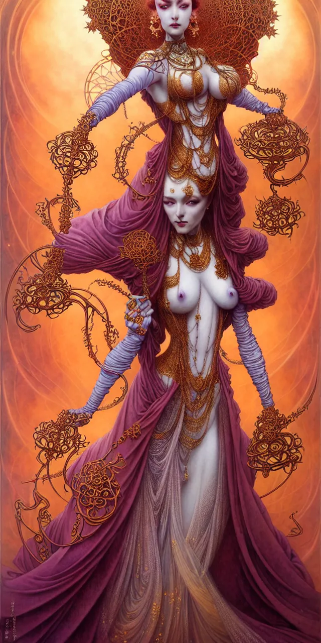 Image similar to beautiful ardhnarishwar art nouveau inter - dimensional empress tsarina character portrait, ultra realistic, intricate detailed costume designed by eiko ishioka, highly detailed by peter mohrbacher, hajime sorayama, wayne barlowe, boris vallejo, aaron horkey, gaston bussiere, craig mullins alphonse mucha