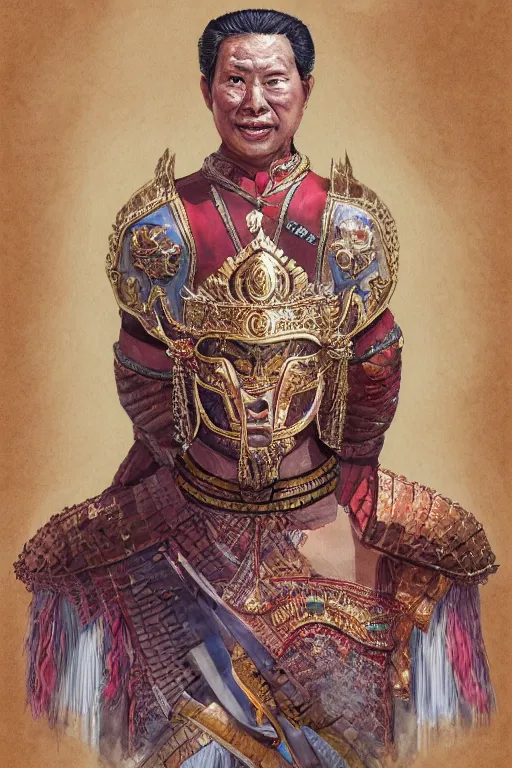 Image similar to full body portrait of king ramkhamhaeng the great, leather armor, tai ethnic group leader, emotional movement in the battle, highly detailed, digital painting, watercolor, artstation, concept art, smooth, sharp focus, illustration