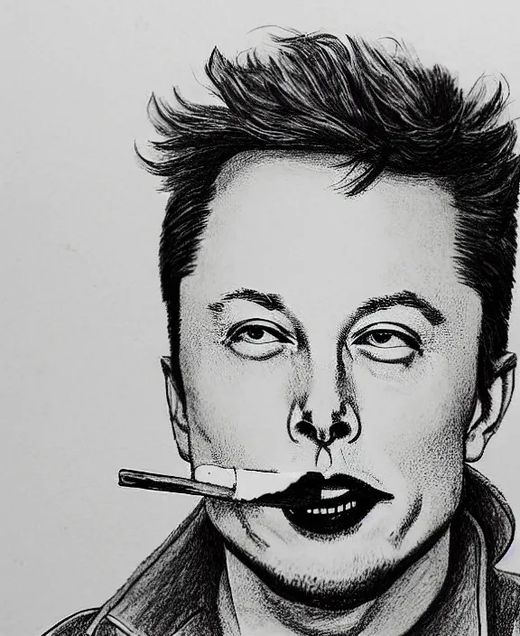 Image similar to a detailed fineliner drawing of elon musk smoking a joint