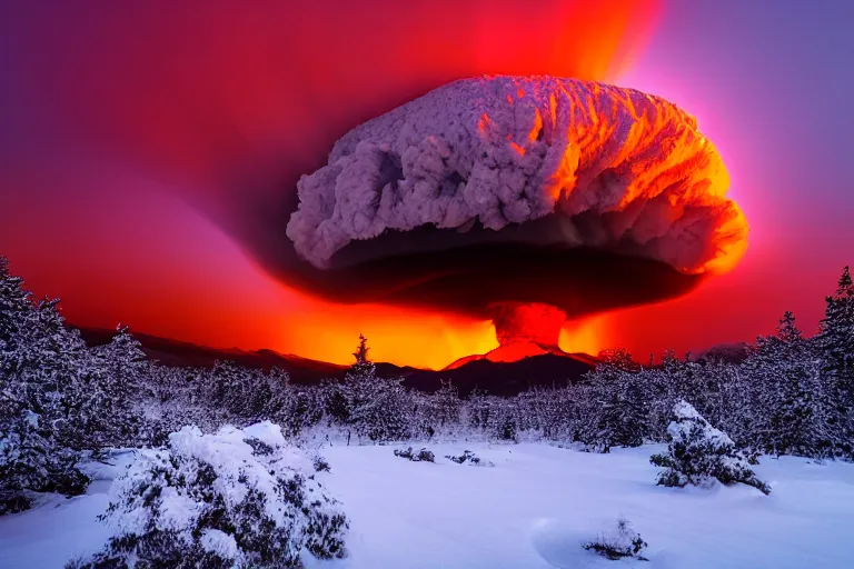 Prompt: amazing landscape photo of nuclear explosion in snowy mountains at sunset by marc adamus beautiful dramatic lighting