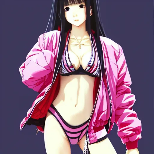 Image similar to a beautiful japanese lalisa alluring gravure model, wearing oversized designer bomber jacket and leotard, bulky poofy bomber jacket with mesoamerican patterns, mesoamerican native street fashion, gapmoe yandere grimdark, trending on pixiv fanbox, painted by greg rutkowski makoto shinkai takashi takeuchi studio ghibli, akihiko yoshida