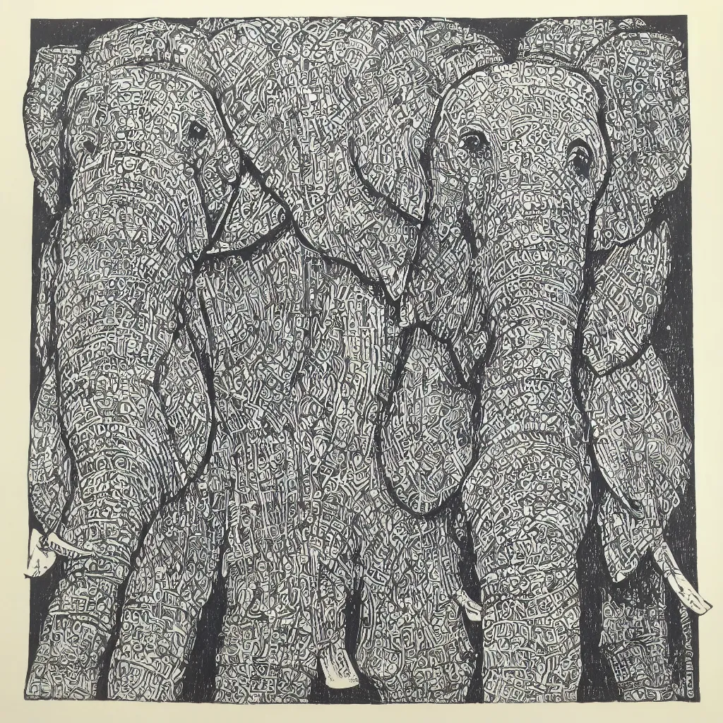 Image similar to block print cubist style elephant art