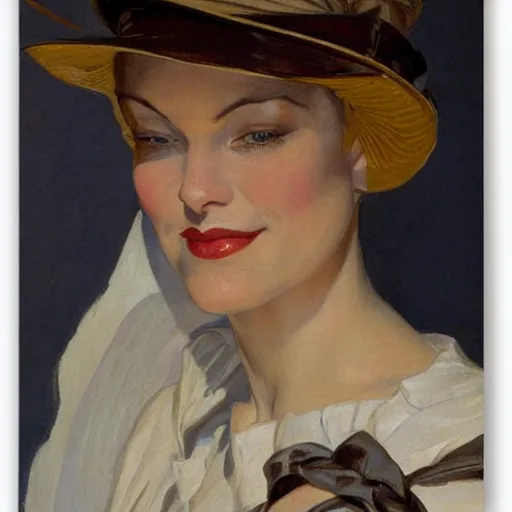 Image similar to frontal portrait of a woman with a hat that covers her eyes, by j. c. leyendecker