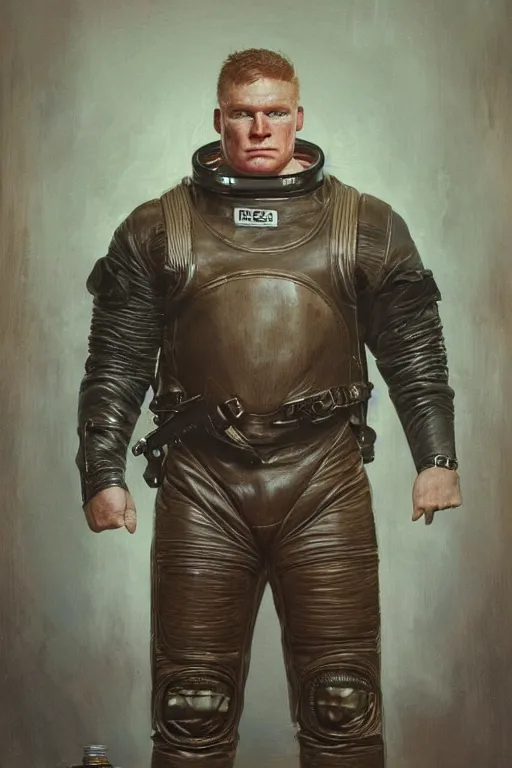 Image similar to upper body portrait of brock lesnar wearing leather spacesuit in victorian living room, illustration by norman rockwell, jacob collins, artstation character art, greg rutkowski