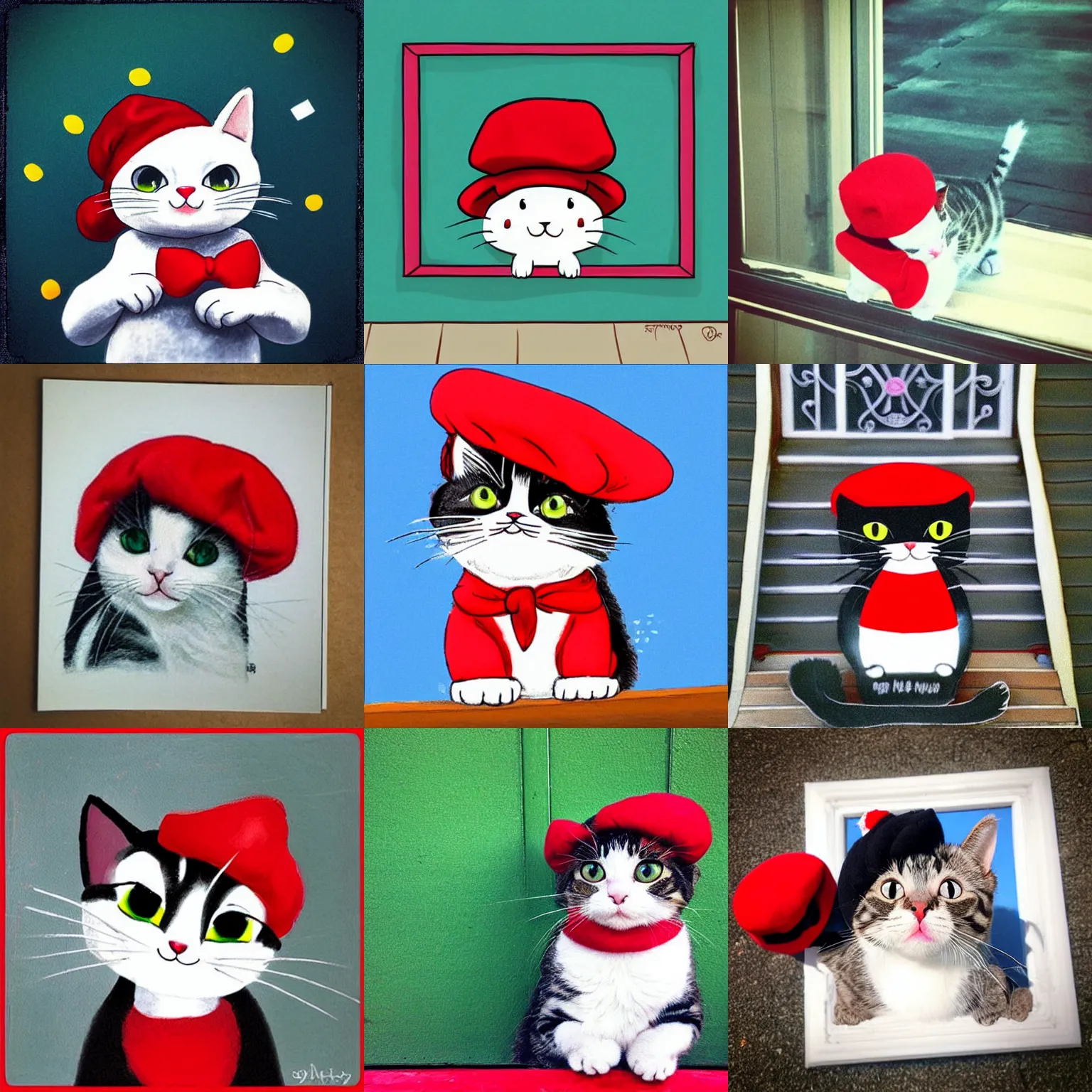 Prompt: “Cute cartoon kitty wearing a red beret sitting on porch looking up at the sky, cute, looking up, marker”