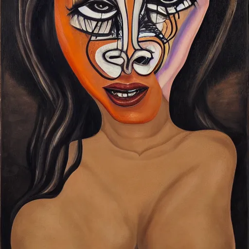 Image similar to grotesque portrait of kim kardashian painted by george condo, intricate, multiple faces, dark, highly detailed, oil on canvas, terrifying, brilliantly colored, 8 k