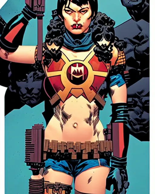 Prompt: mike mignola and sandra chevrier comic cover art, full body cute young lady, symmetrical eyes, bangs, rim lighting, vivid colors