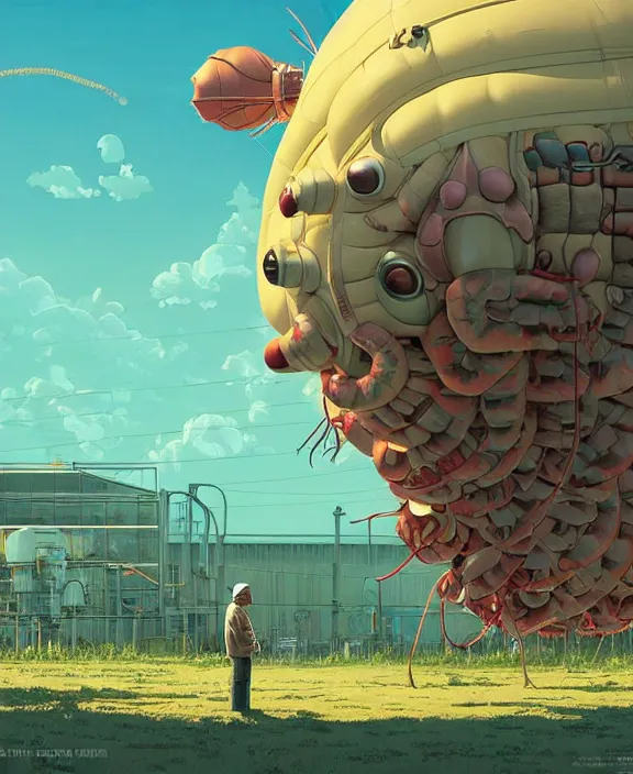 Image similar to inflated industrial plant made from fat isopod lobster octopus, in the style of puffy spaceship, botany, partly cloudy, spooky, dramatic lighting, by geof darrow, bill sienkiewicz, dan mumford, yusuke murata, makoto shinkai, ross tran, cinematic, unreal engine, cel shaded, featured on artstation, pixiv