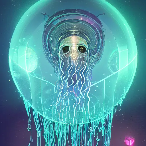 Prompt: intricate holographic ghost in the machine jellyfish made of microcircuitry and transistors in a glowing deap sea by peter mohrbacher and dan mumford, trending on artstation, cgsociety 4 k