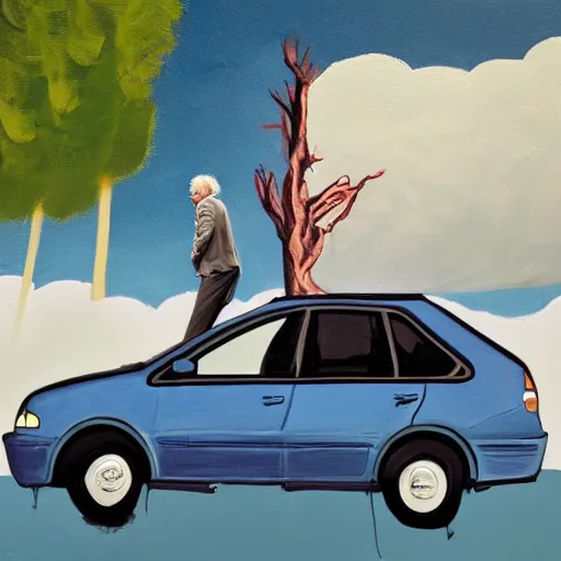Prompt: larry david standing on roof of prius, painting