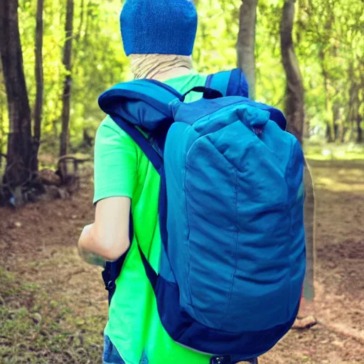 Prompt: a teenage boy with soft features wearing a bear hat that covers his blond hair. A blue shirt. Green backpack. Ready to go on an adventure