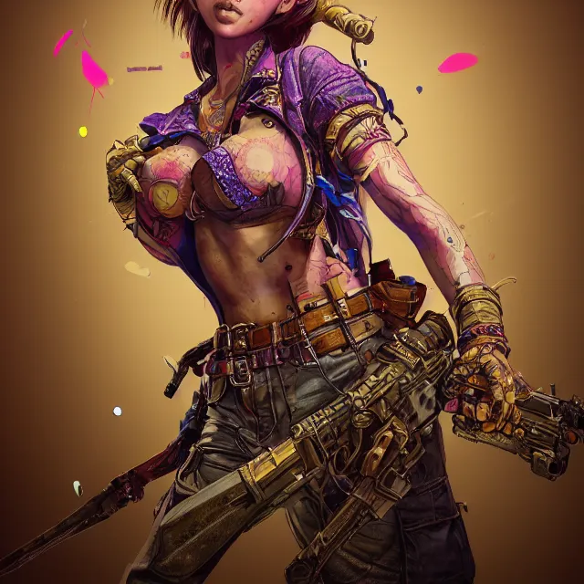 Prompt: the portrait of chaotic neutral colorful female gunner assassin as absurdly beautiful, gorgeous, elegant, playful, mature gravure idol, an ultrafine hyperdetailed illustration by kim jung gi, irakli nadar, intricate linework, bright colors, octopath traveler, final fantasy, unreal engine 5 highly rendered, global illumination, radiant light, detailed and intricate environment