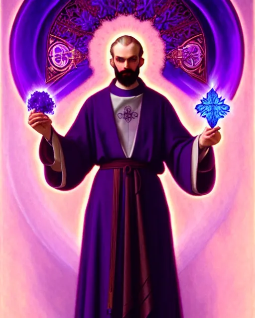 Image similar to portrait of saint germain, he is holding the violet purple indigo flame, completely violet colored, intricate, elegant, highly detailed, digital painting, artstation, concept art, smooth, sharp focus, illustration, art by artgerm and greg rutkowski and fra angelico and alphons mucha